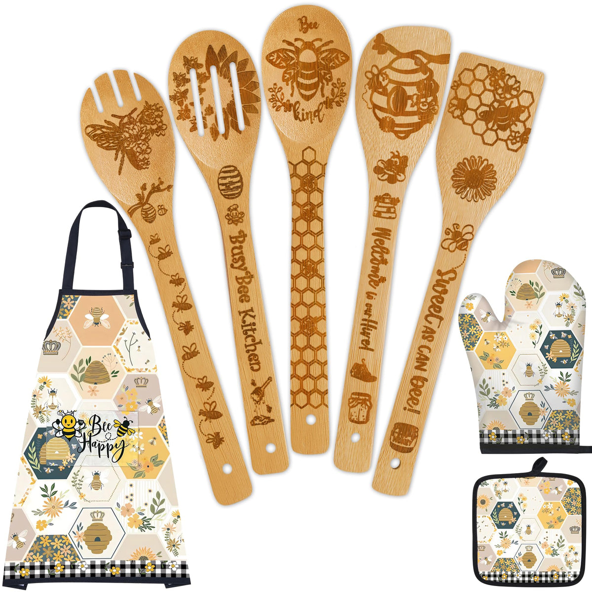 Wimabuden Bee Gifts wooden spoons set with bee patterns for eco-friendly cooking