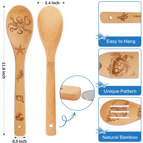 Wimabuden sea turtle pattern bamboo spoon adds cooking and coastal decor