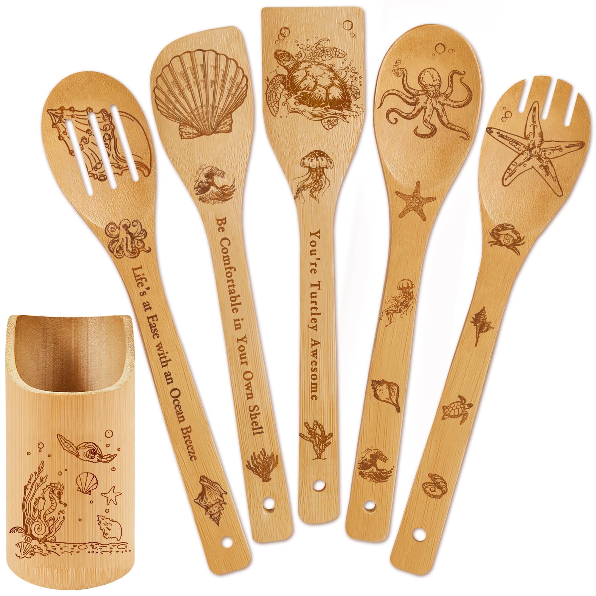 Wimabuden ocean bamboo spoon set with holder for organized kitchen storage