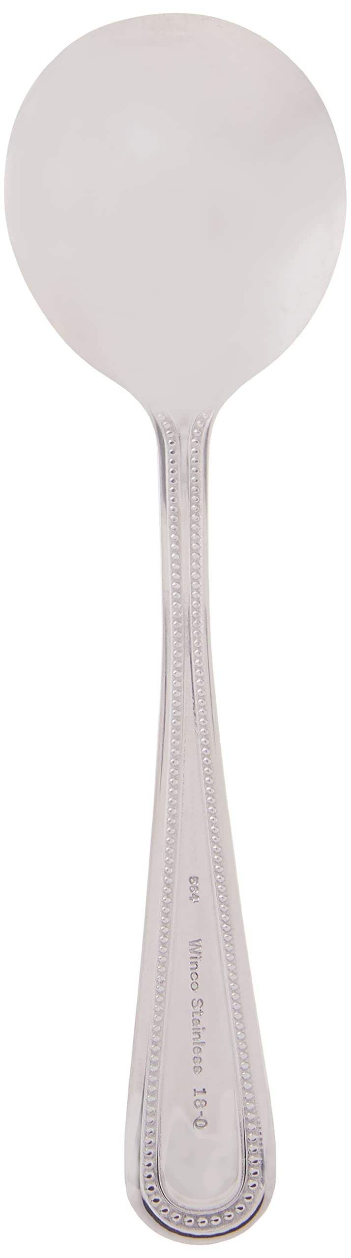 Winco 6.5-inch bouillon spoon in mirror finish for soups.