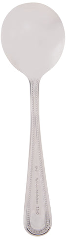 Winco 6.5-inch bouillon spoon in mirror finish for soups.