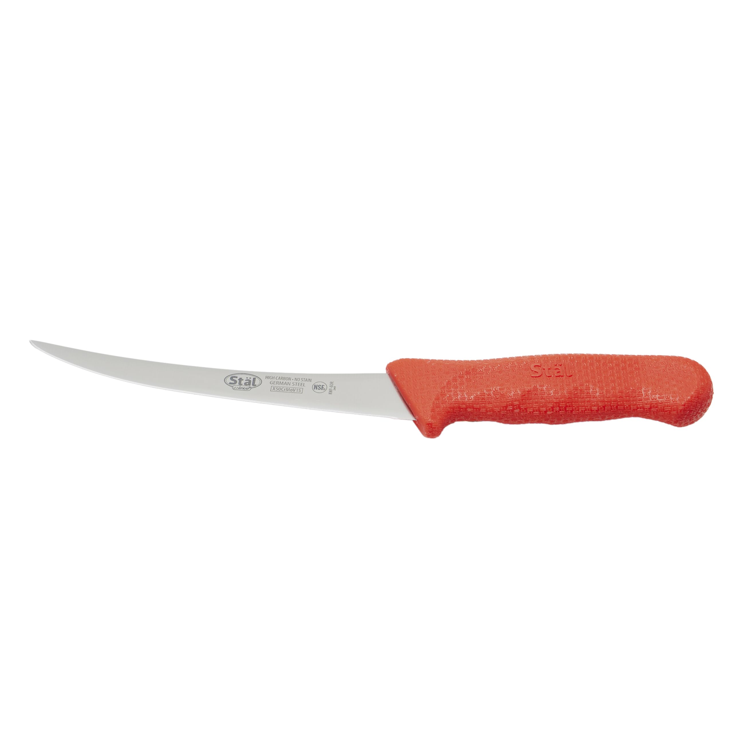 Winco 6-inch boning knife blade close-up for precise bone removal.