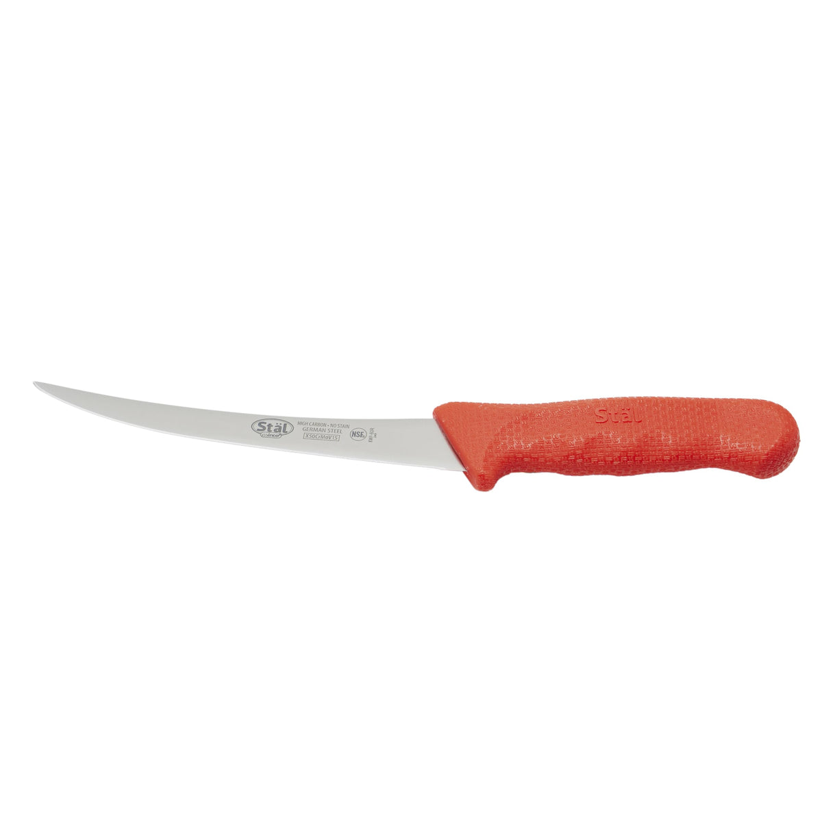 Winco 6-inch boning knife blade close-up for precise bone removal.