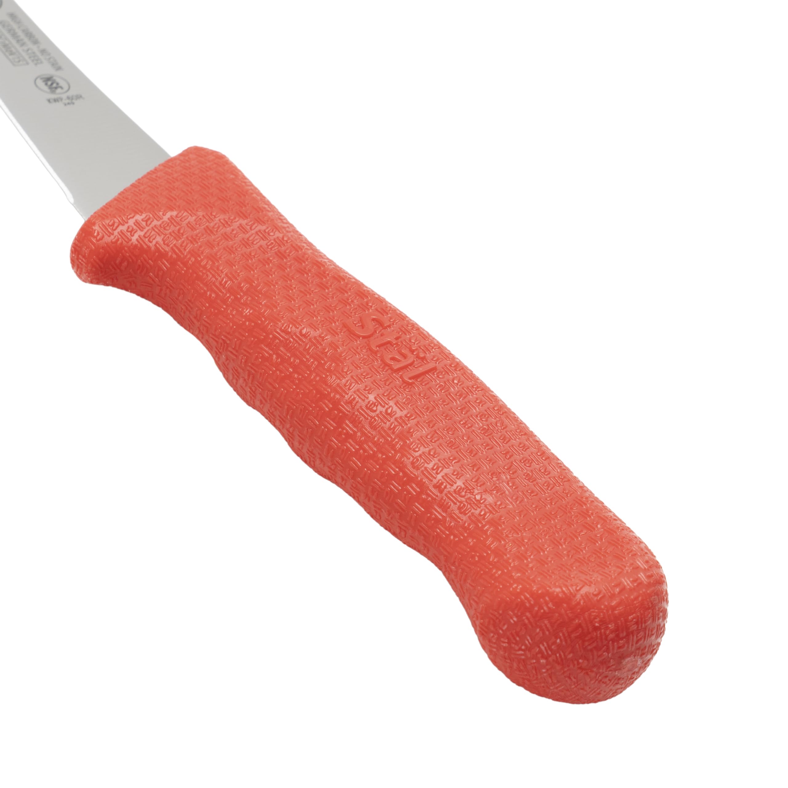 Winco boning knife with red ergonomic handle for comfortable extended use.