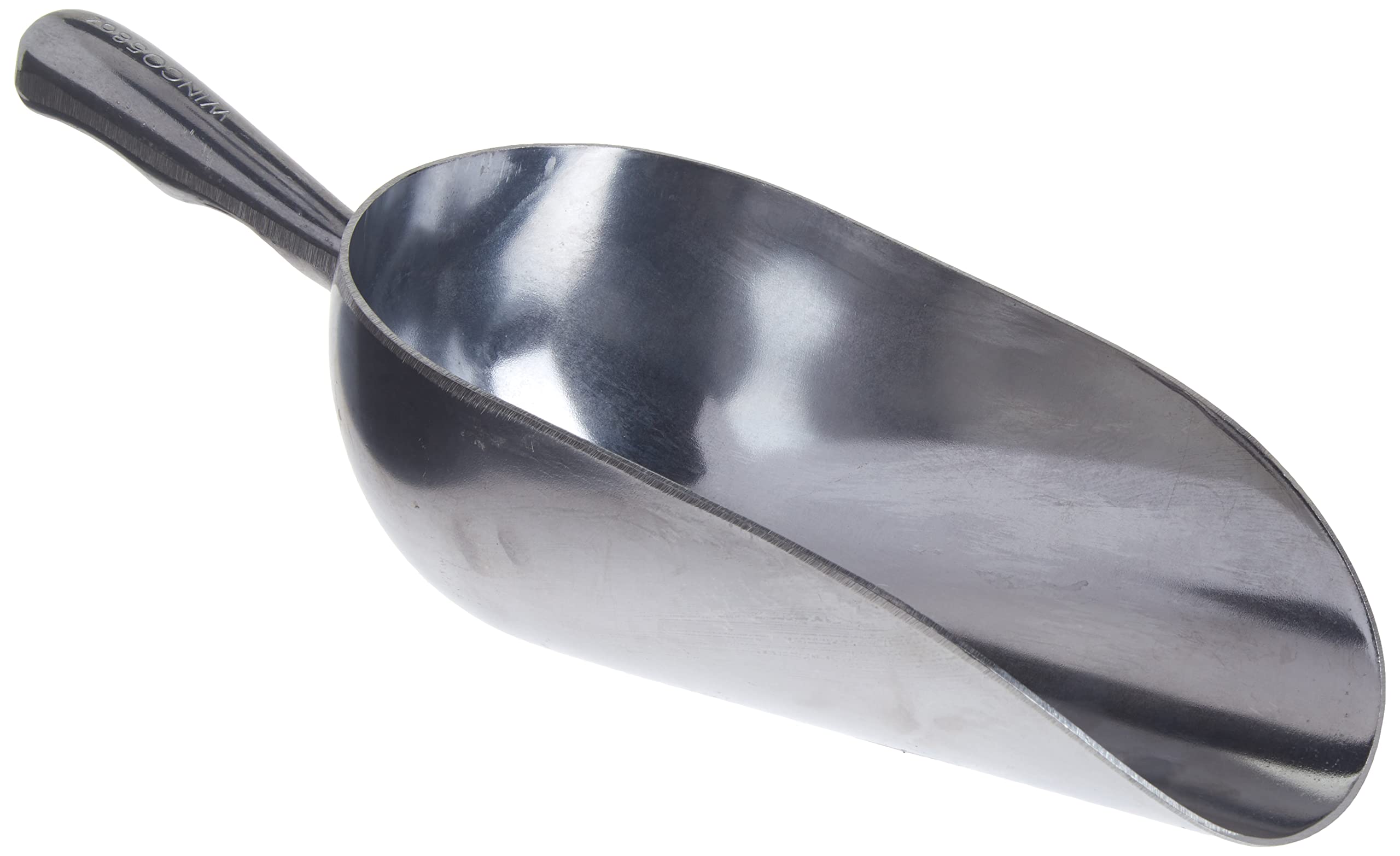 Winco aluminum utility scoop held for easy bulk ingredient measuring.