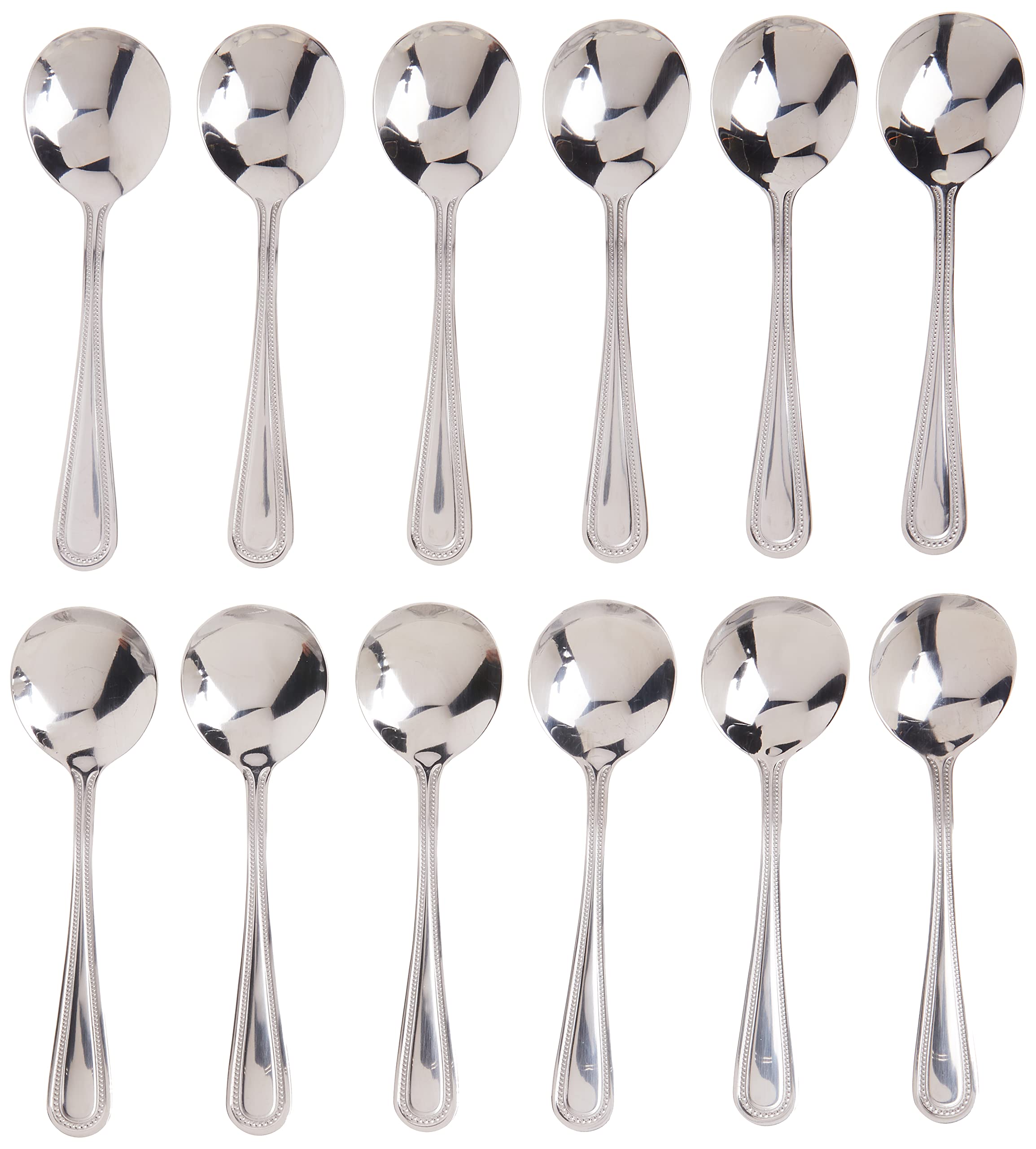 Winco Dots Bouillon Spoon Set in 18-0 stainless steel with shallow bowls.