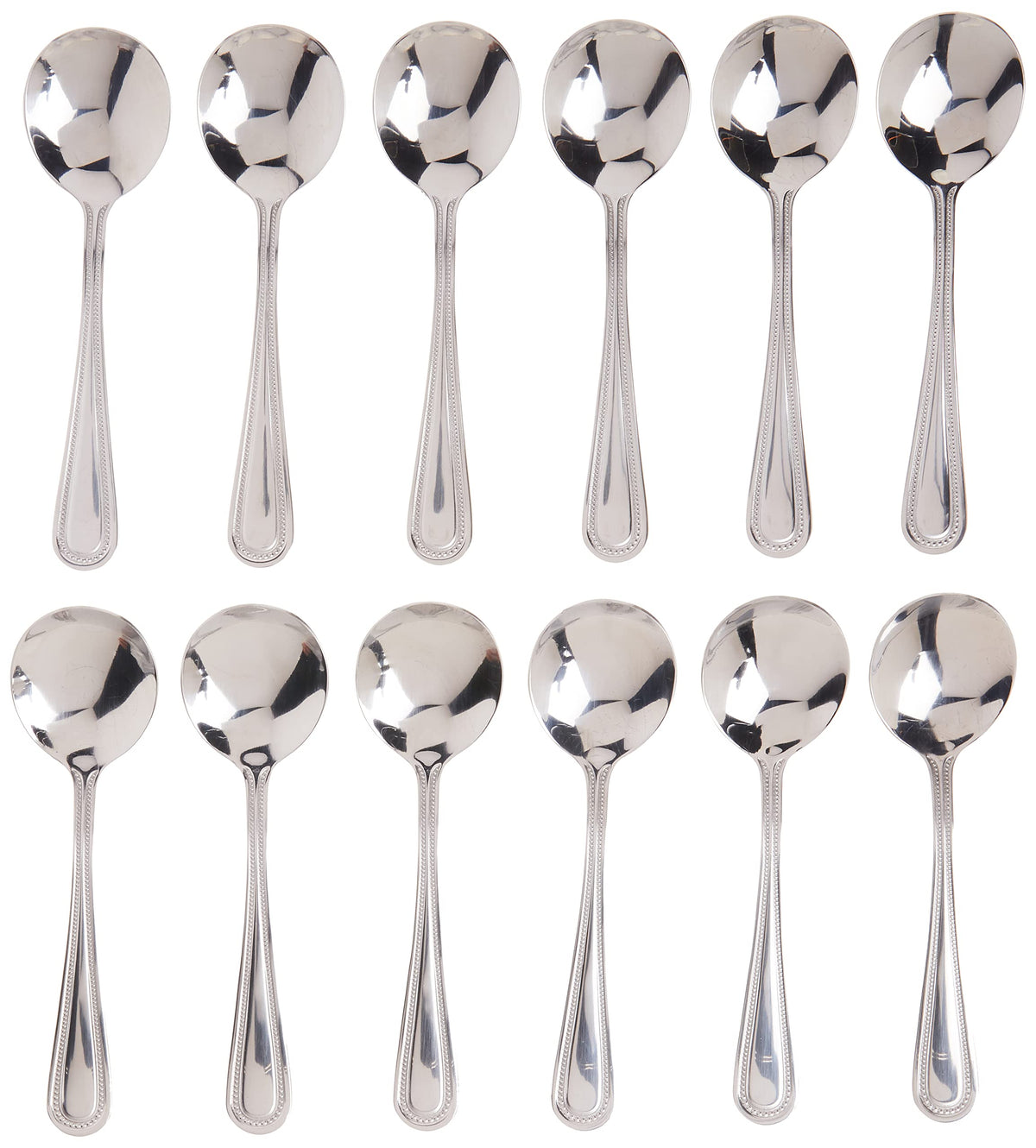 Winco Dots Bouillon Spoon Set in 18-0 stainless steel with shallow bowls.