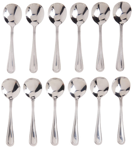 Winco Dots Bouillon Spoon Set in 18-0 stainless steel with shallow bowls.