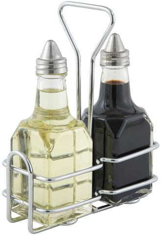 Winco G-104S oil and vinegar cruet set with chrome rack keeps condiments organized and accessible.
