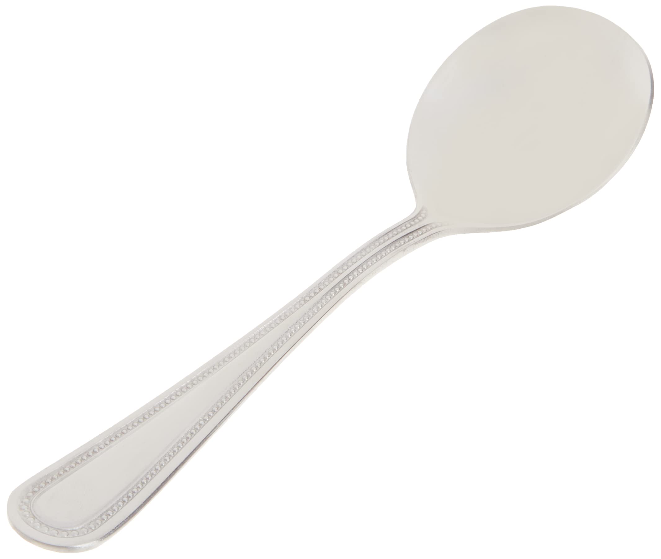 Winco mirror-finish 18-0 stainless steel spoon catches light.
