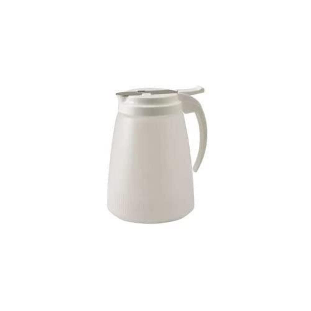 Winco PSUD-32 syrup dispenser with lid and slide for drip-free pouring.