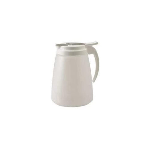 Winco PSUD-32 syrup dispenser with lid and slide for drip-free pouring.