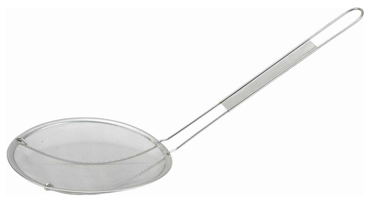 Winco stainless steel strainer, 6-inch diameter, fine mesh for precise sifting.
