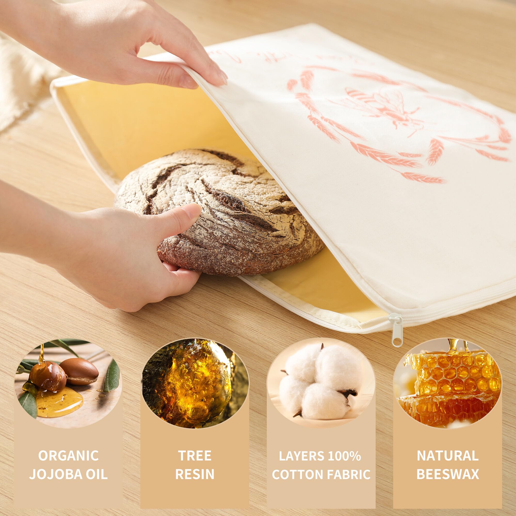 WiNDANCE beeswax-lined bread bag in use with loaf to keep freshness.