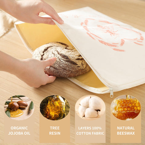 WiNDANCE beeswax-lined bread bag in use with loaf to keep freshness.