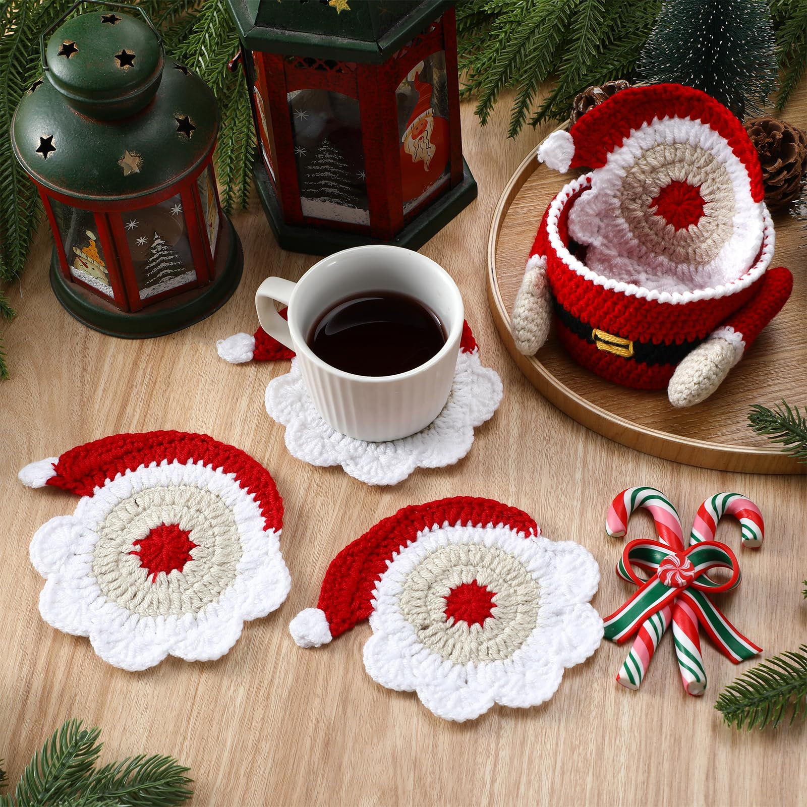 Windkream crochet storage basket keeps coasters neat and reachable.