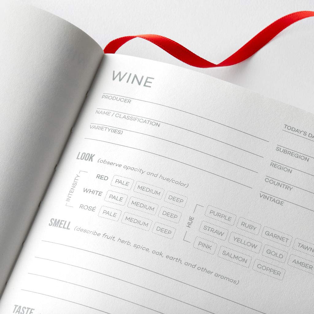 Red ribbon marker in the Wine Folly journal to track progress