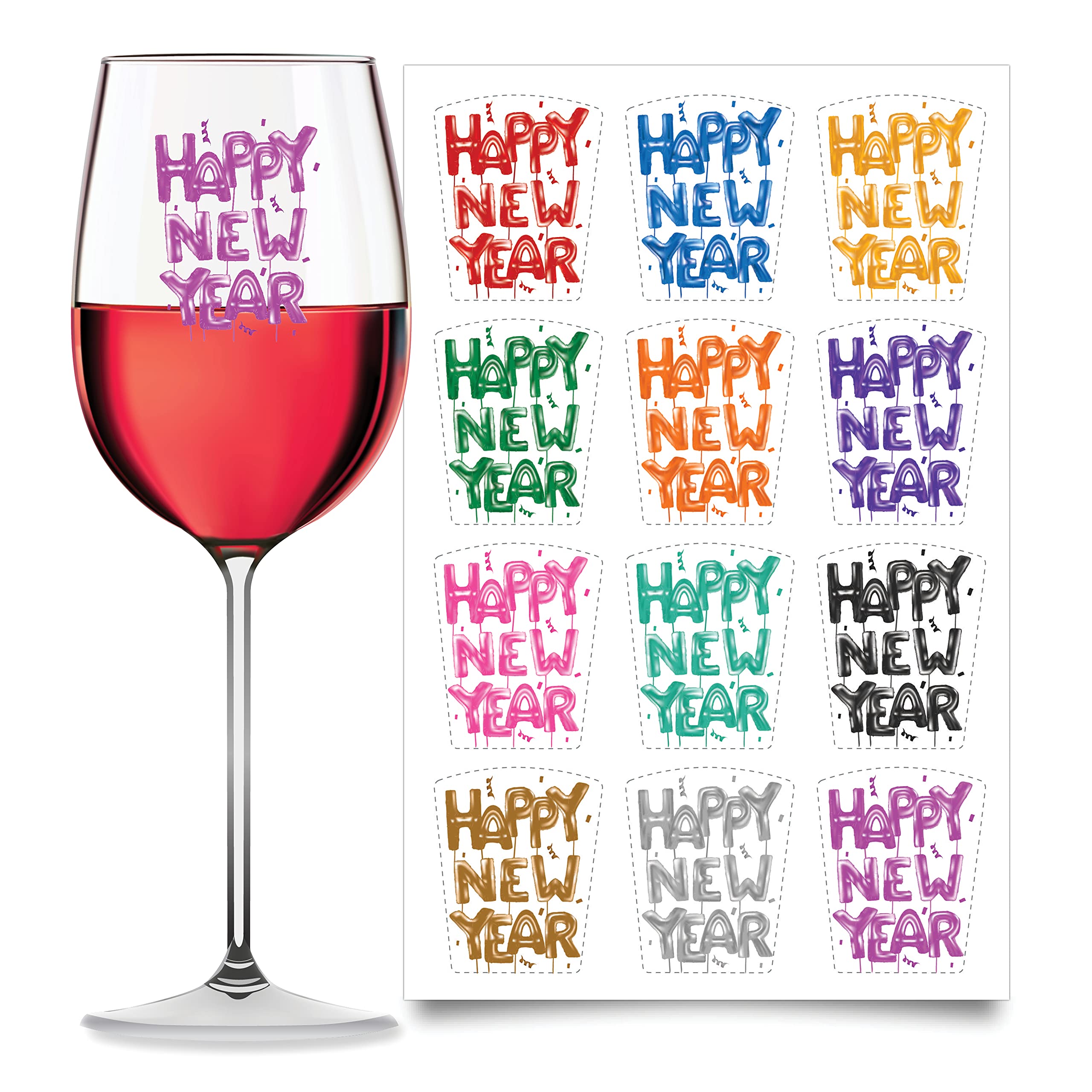 Wine Wear 12pc New Year decal on glass provides reusable markers for quick party labeling.