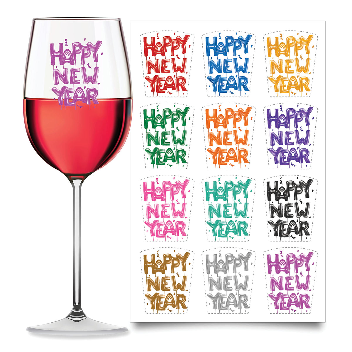 Wine Wear 12pc New Year decal on glass provides reusable markers for quick party labeling.