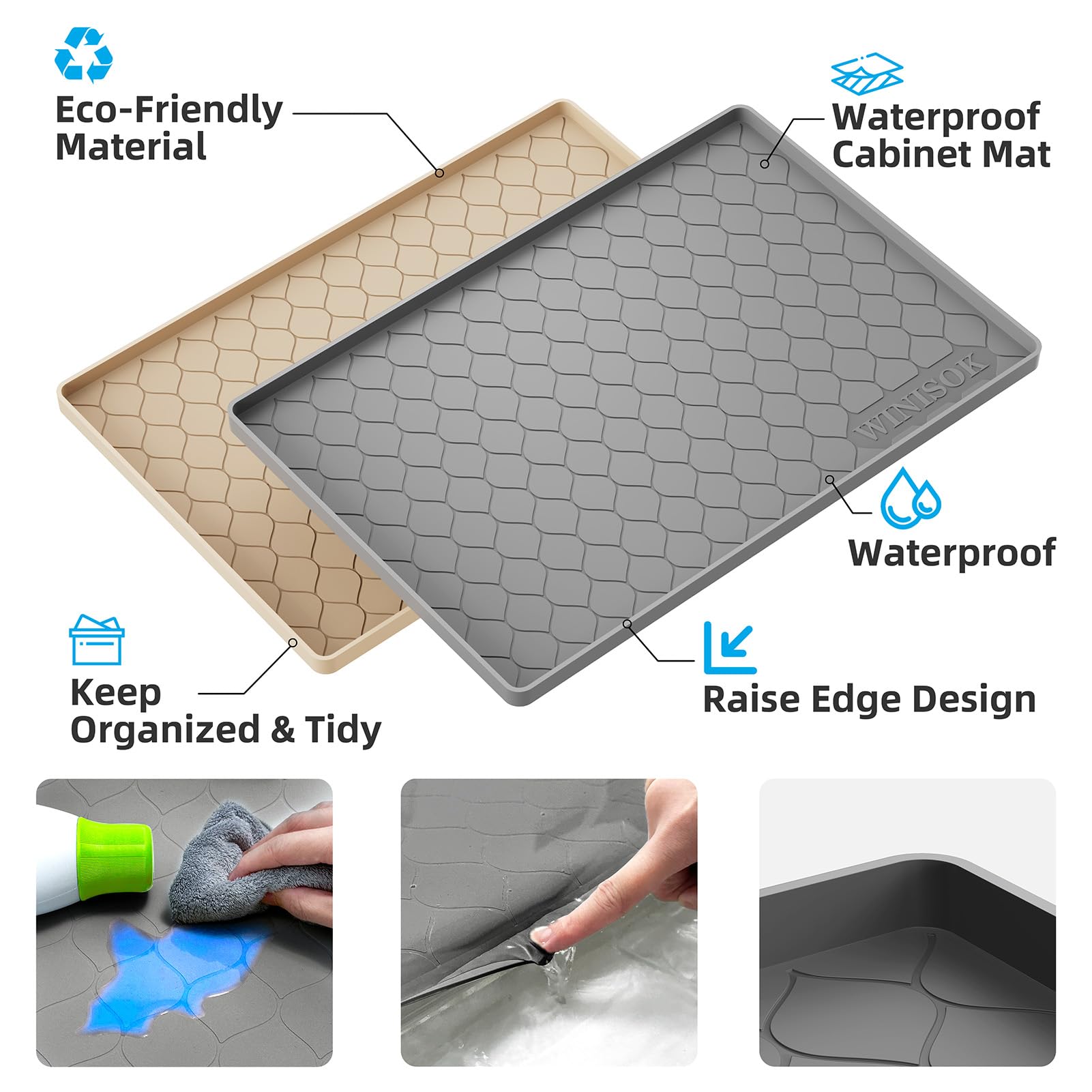 Winisok under-sink mat raised edge closeup prevents liquid overflow in cabinets.