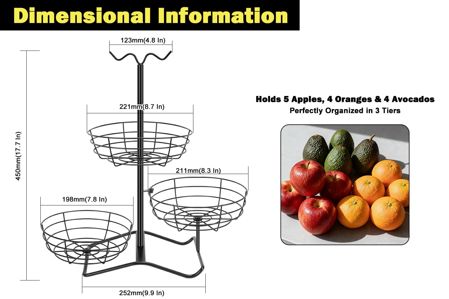 Winmien metal fruit basket top view showing stacked design and ample storage