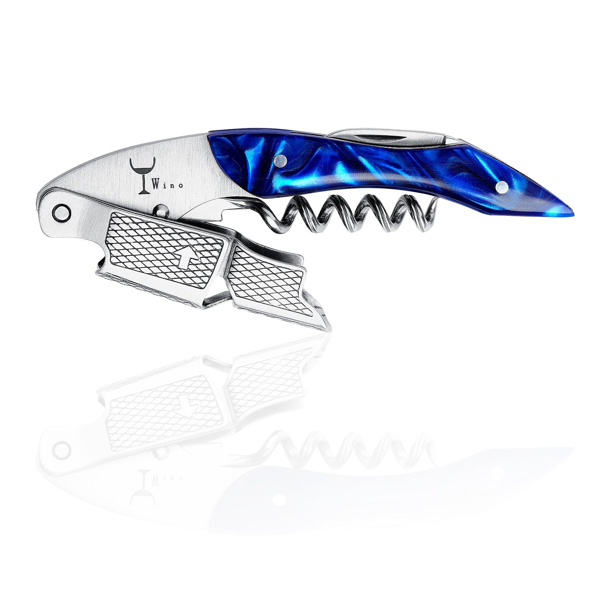 Wino Wine Key with double-hinged corkscrew enables smooth one-motion opening.
