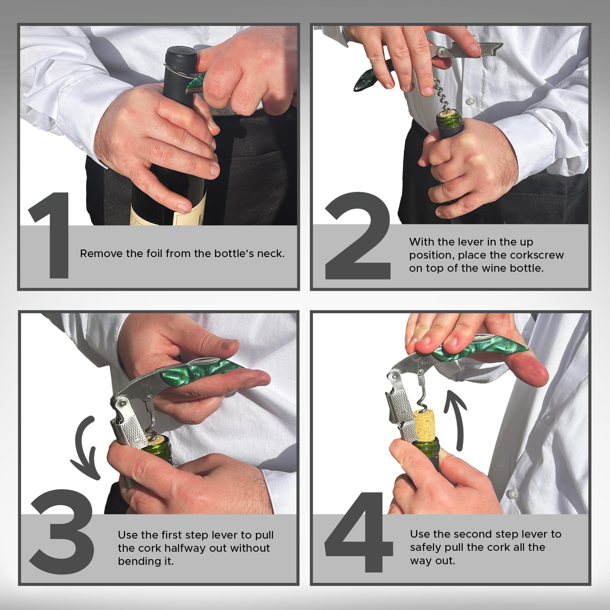 Wino Wine Key foil cutter ensures clean foil removal after bottle presentation.