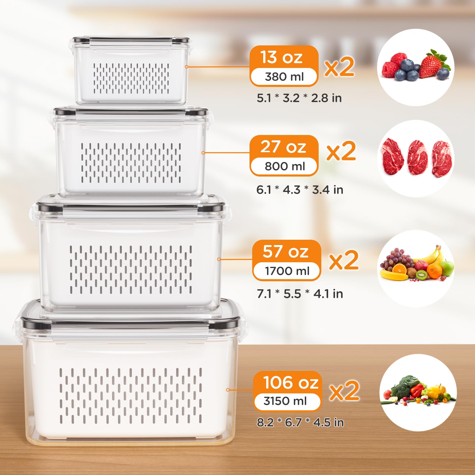 Winproper removable colanders inside fruit containers simplify rinsing and draining.