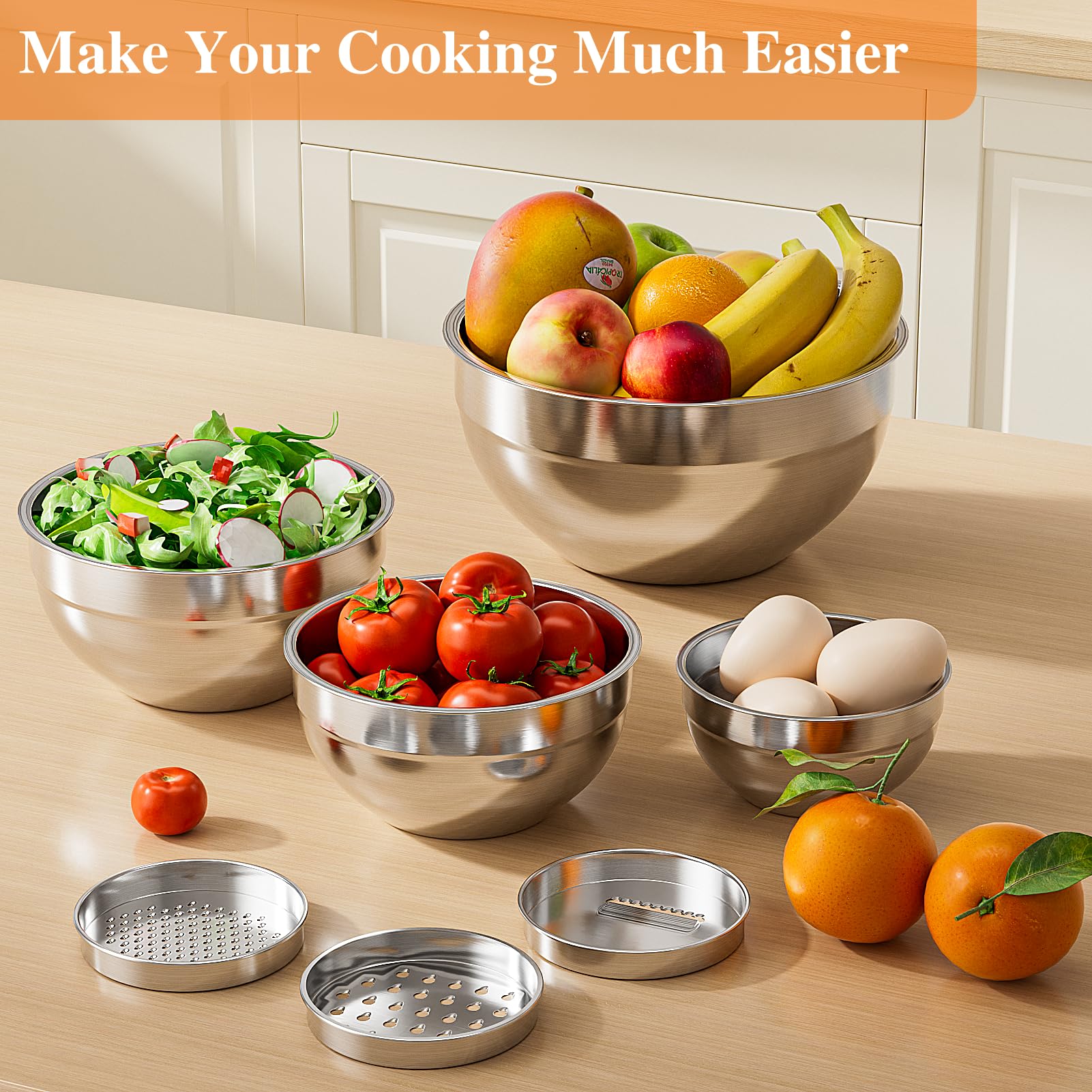 Winproper six-piece stainless steel bowls arranged with lids for versatile meal prep