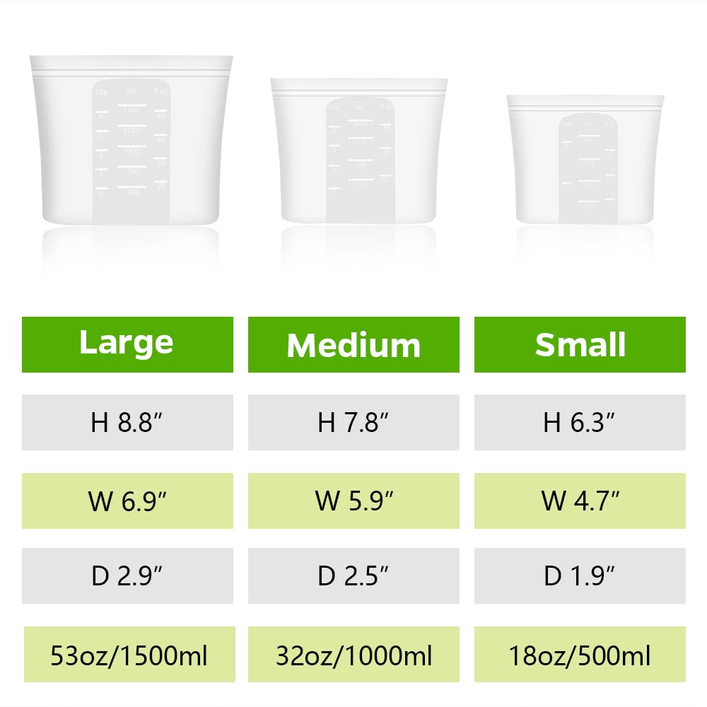 Winrock silicone bags with soft, elastic material and zip seal for mess-free lunches.