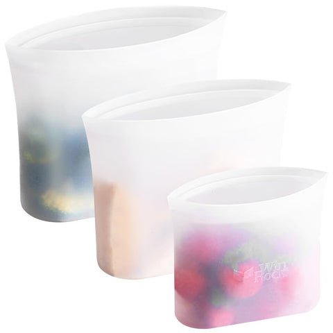 Winrock silicone bags with stand-up seal for easy storage of soups and leftovers.