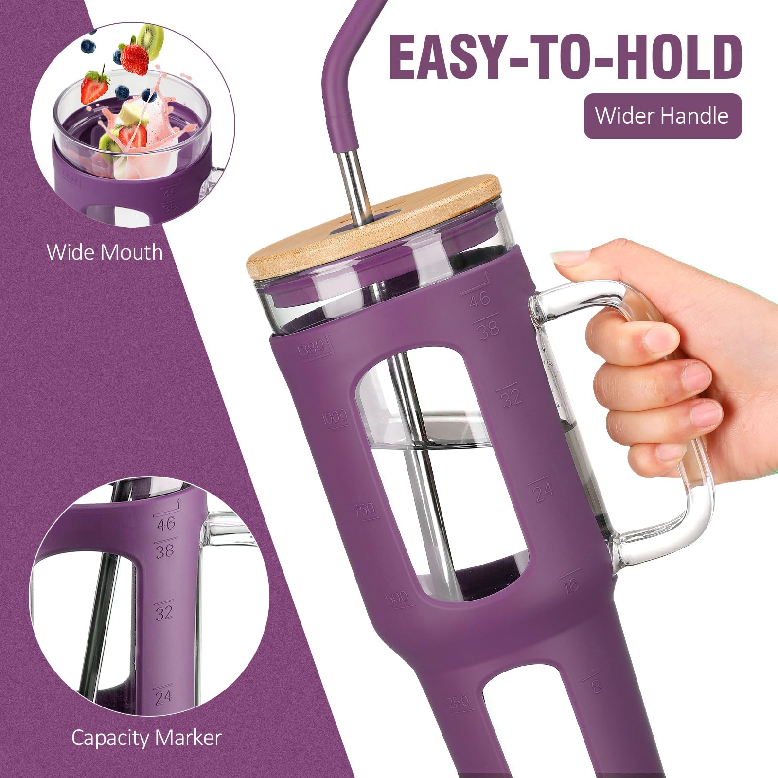 WINSA glass bottle with ergonomic handle for hot or cold beverages.