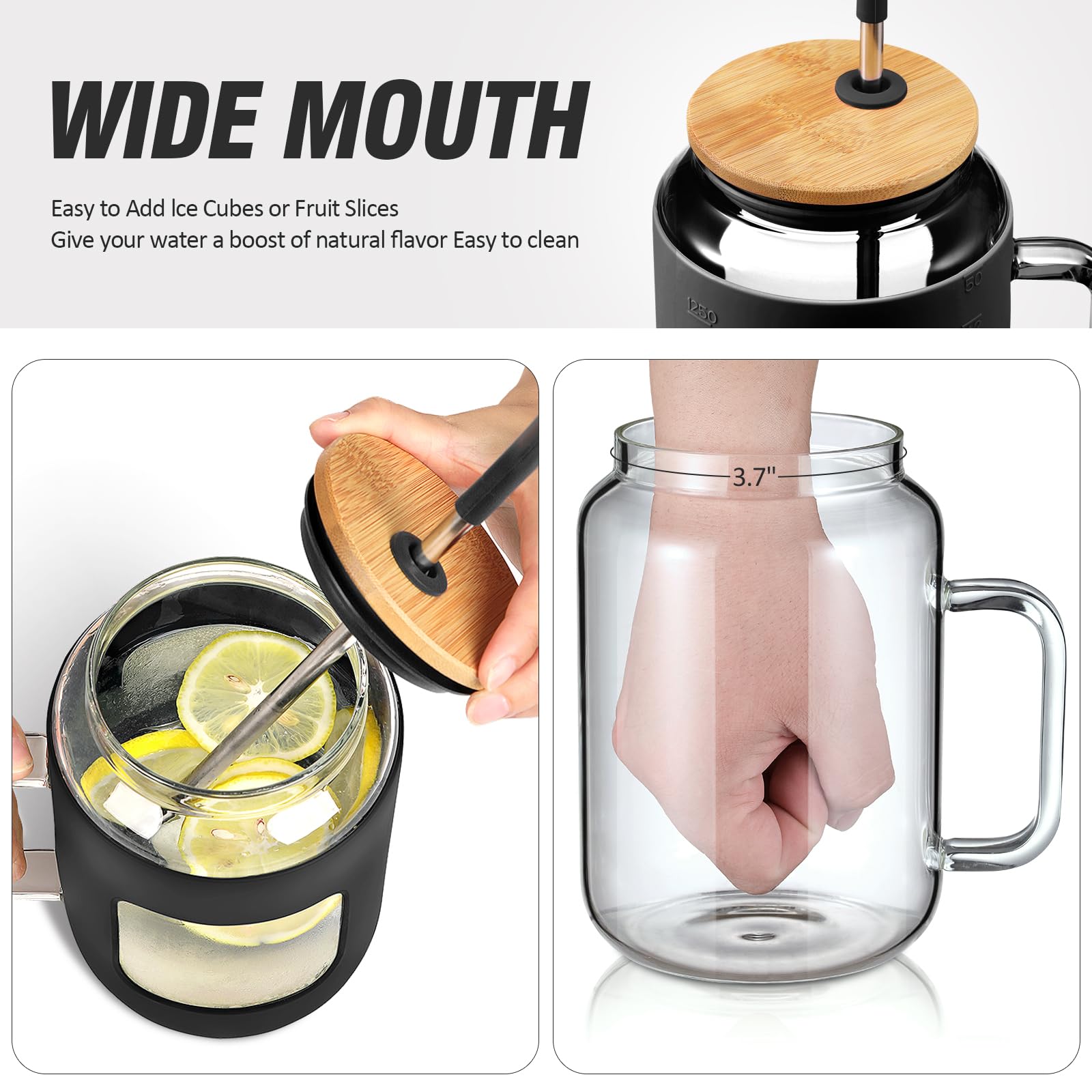 Winsa glass tumbler with handle for easy grip during commutes.