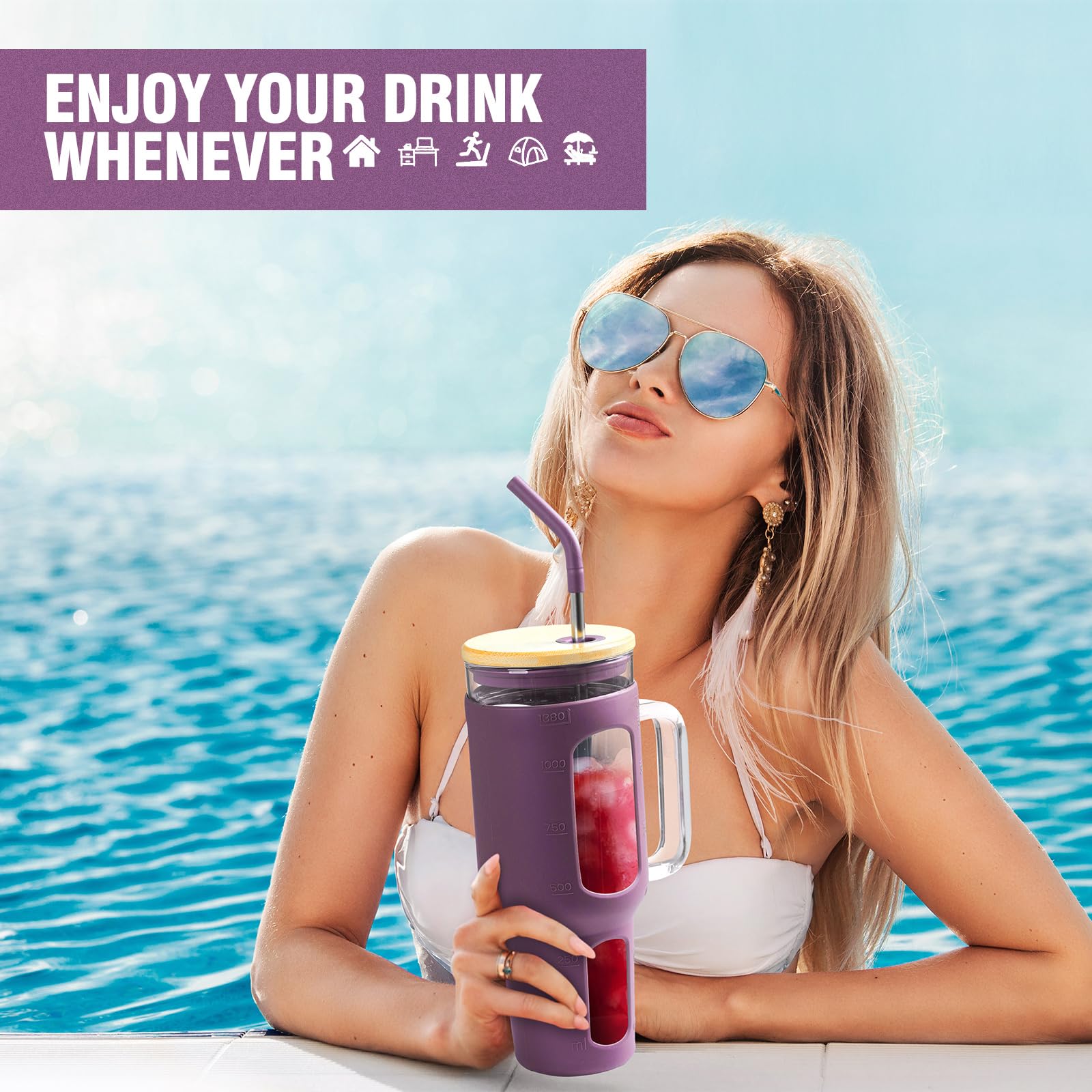 WINSA glass cup ideal for iced coffee, tea, or smoothies on the go.