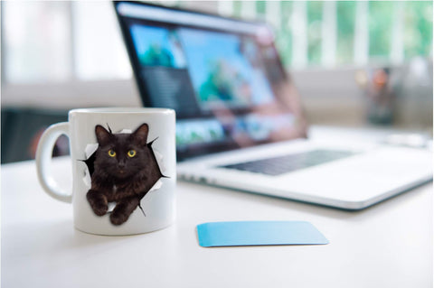 Winston & Bear black cat mug in an office break room setting