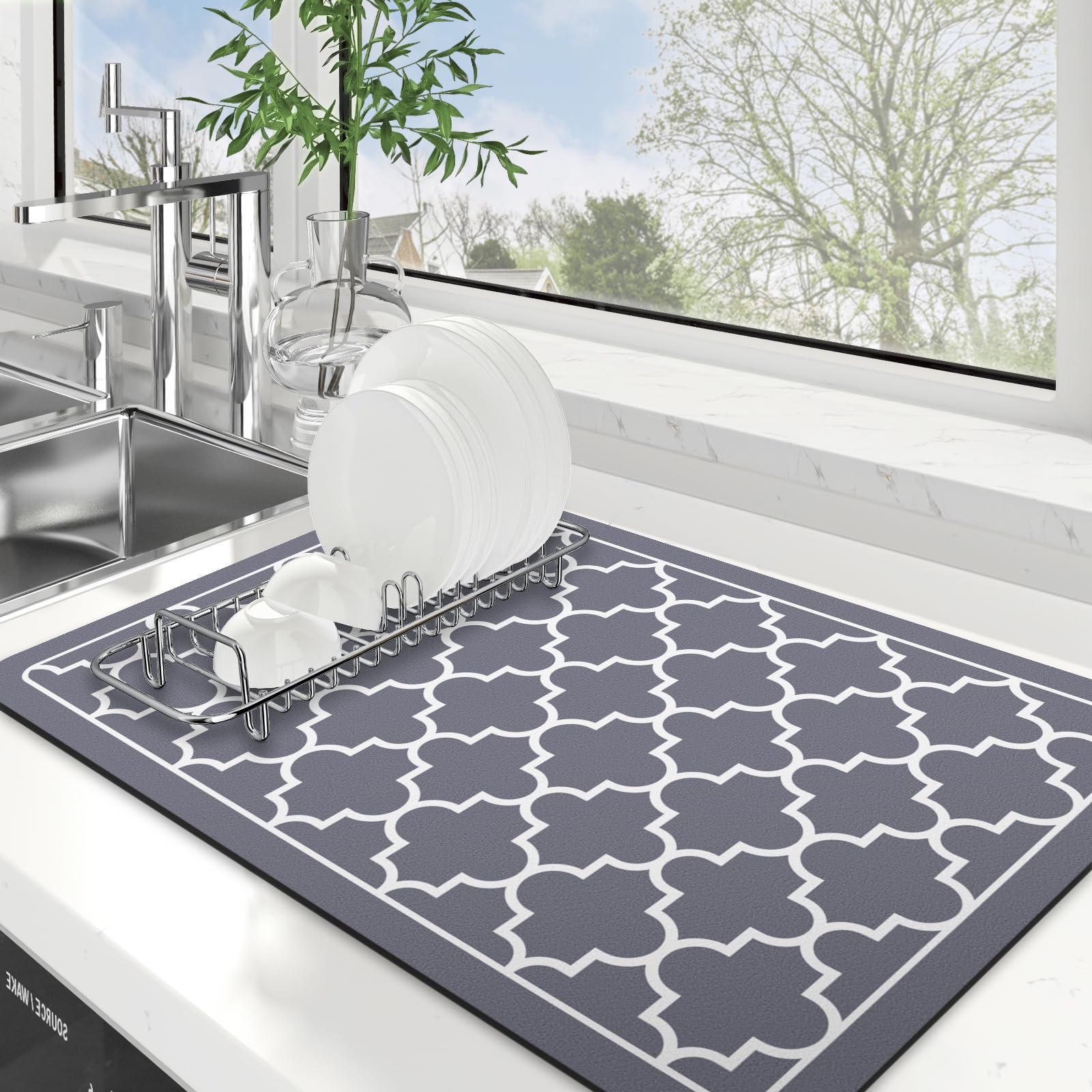 WISELIFE dish drying mat absorbent 16x24 grey keeps dishes and counters dry.