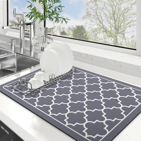 WISELIFE dish drying mat absorbent 16x24 grey keeps dishes and counters dry.