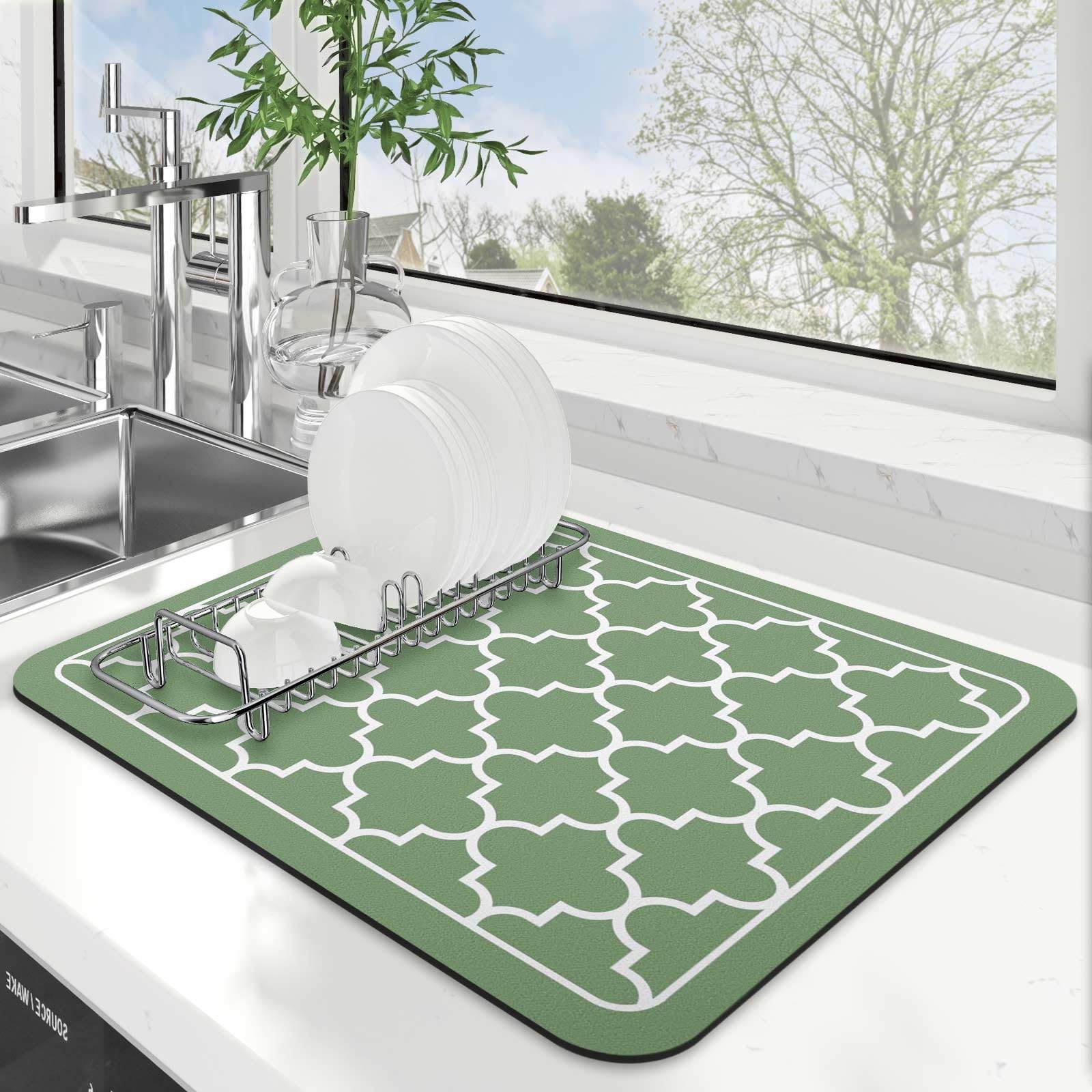 WISELIFE dish drying mat absorbs water quickly, keeping dishes and counters dry.
