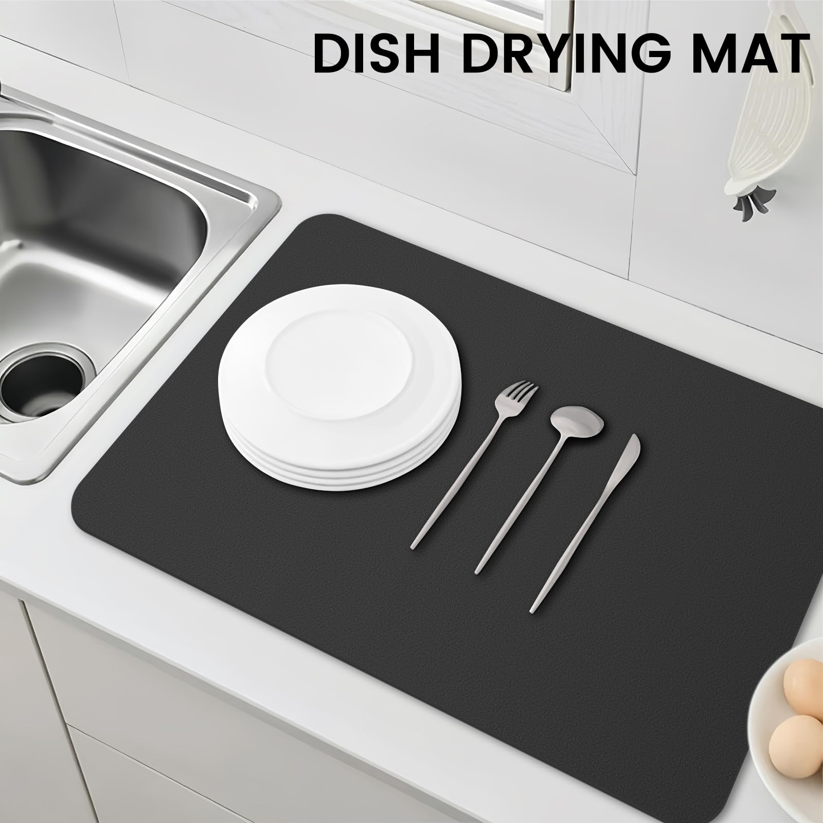WISELIFE dish drying mat on countertop with drying dishes.