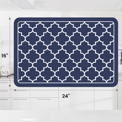 WISELIFE large-16-24 blue dish drying mat shown beside dishes on a counter.