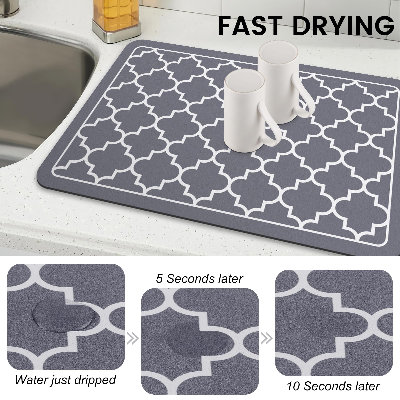 WISELIFE dish drying mat roll-up-storage grey saves space when not in use.