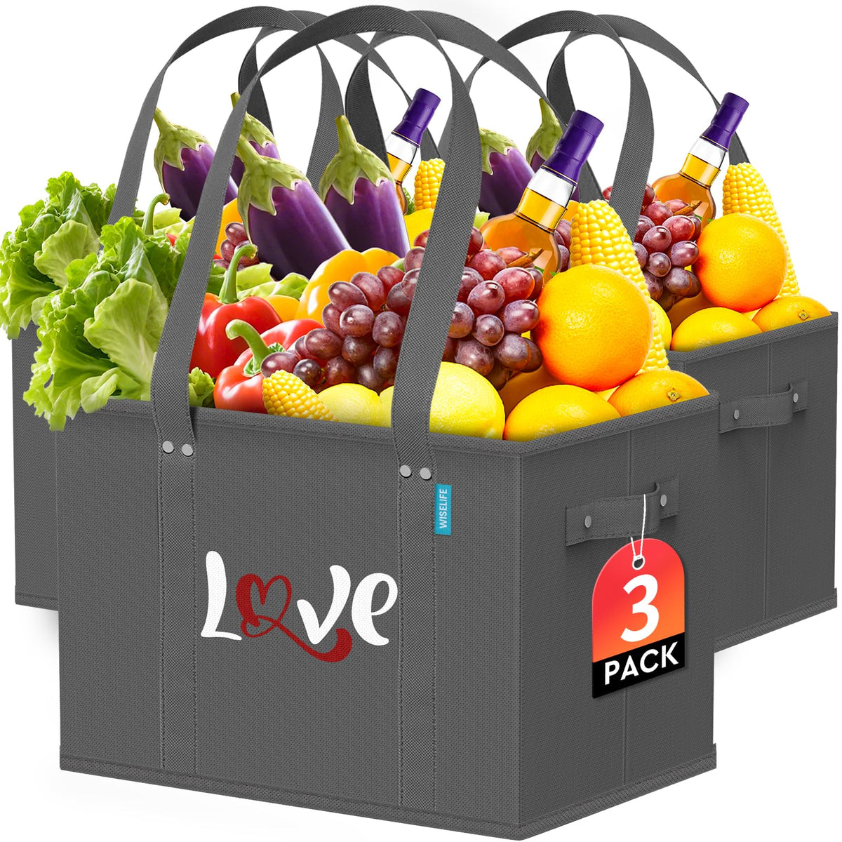 WISELIFE grocery bag standing upright for effortless loading and unloading.