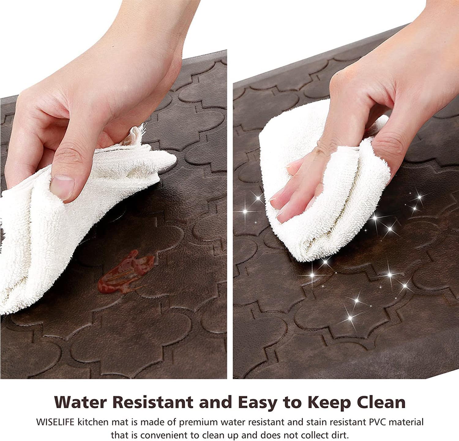WISELIFE kitchen mat top is water-resistant and easy to wipe clean