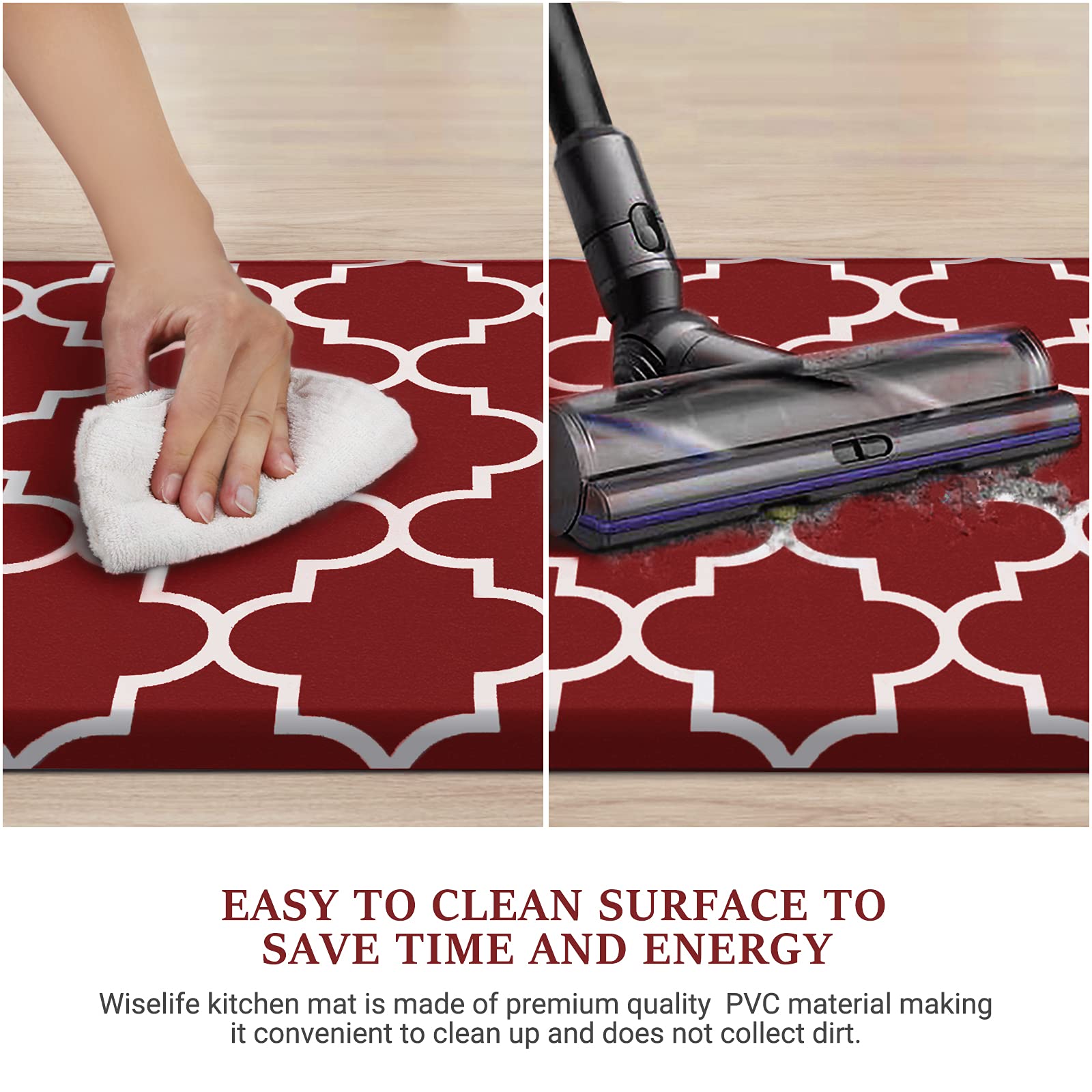 Beveled edge on WISELIFE mat, red, reduces tripping risk during chores.