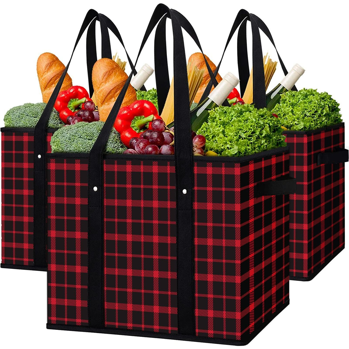 WISELIFE 3-pack reusable bags fold flat for compact storage.