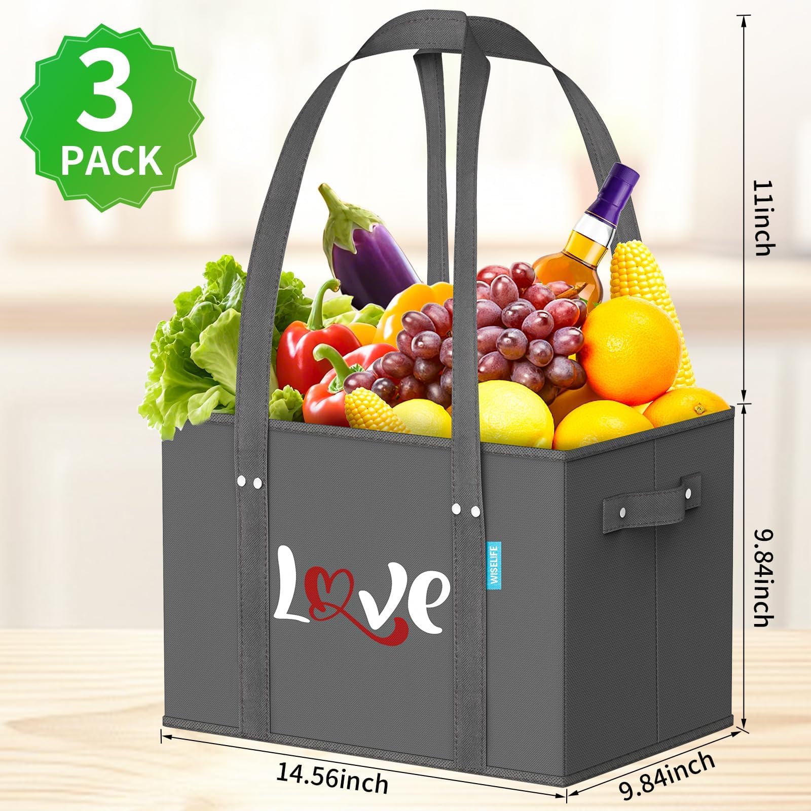 WISELIFE foldable tote with reinforced bottom supports bulky items.