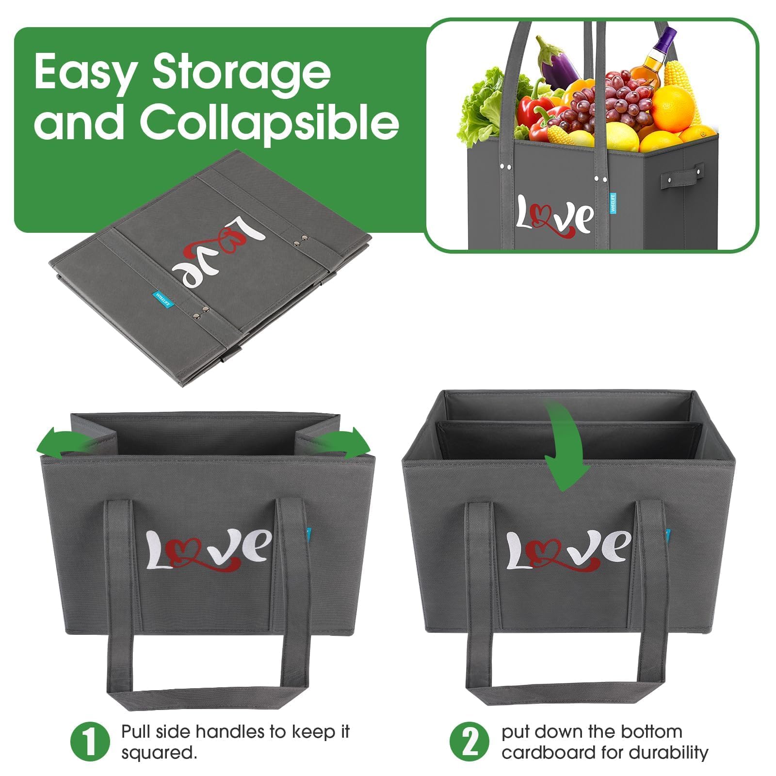 WISELIFE water-resistant tote keeps groceries dry during rain or spills.