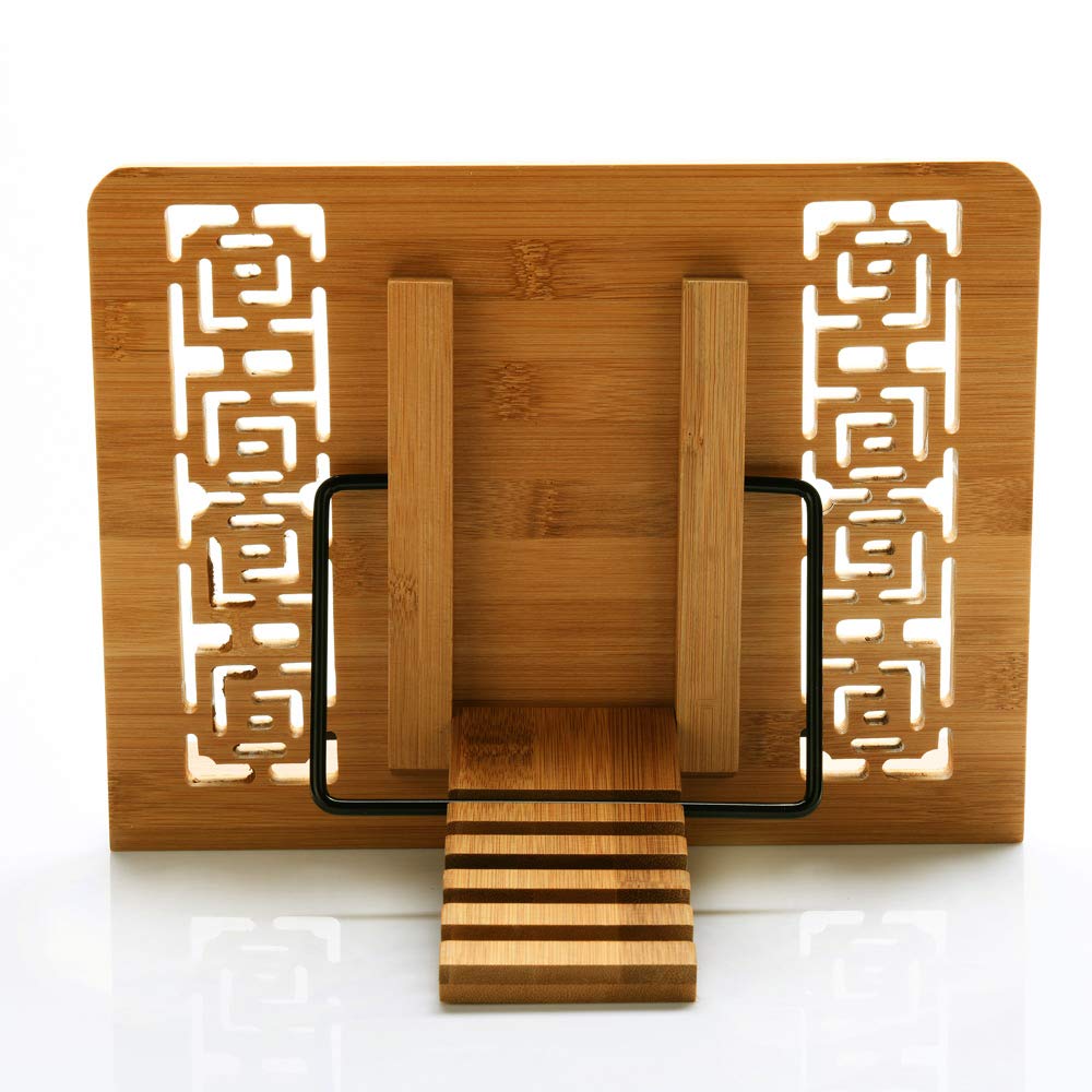 Wishacc bamboo cookbook stand keeps recipes at eye level for cooking.