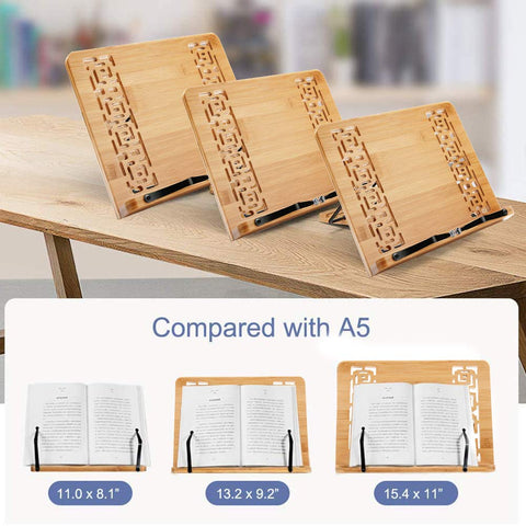 Wishacc large bamboo book stand shows compact dimensions for a tidy desk.