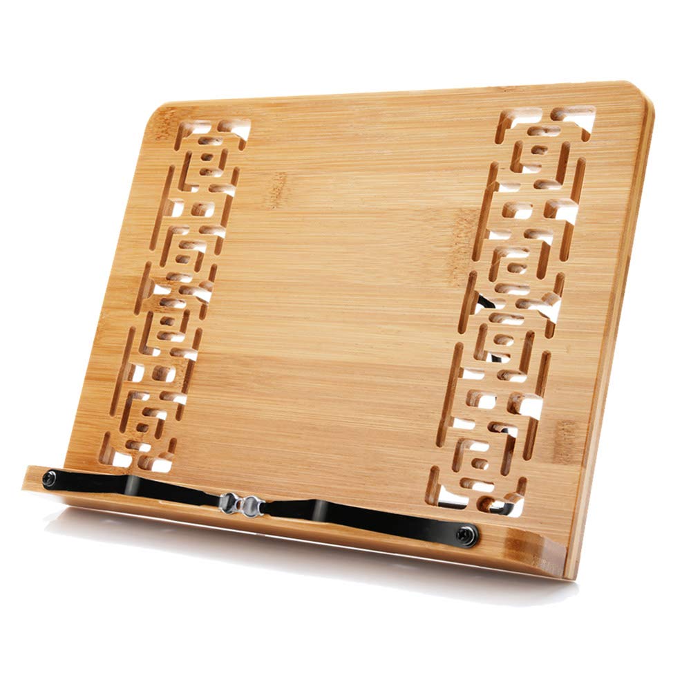 Wishacc large bamboo book stand folds flat for compact storage and travel.